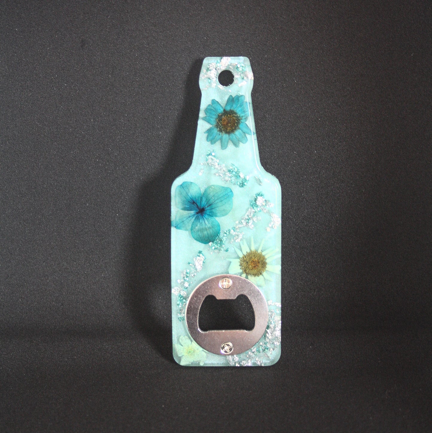 Décapsuleur bouteille fleurs séchées et feuilles d'argent