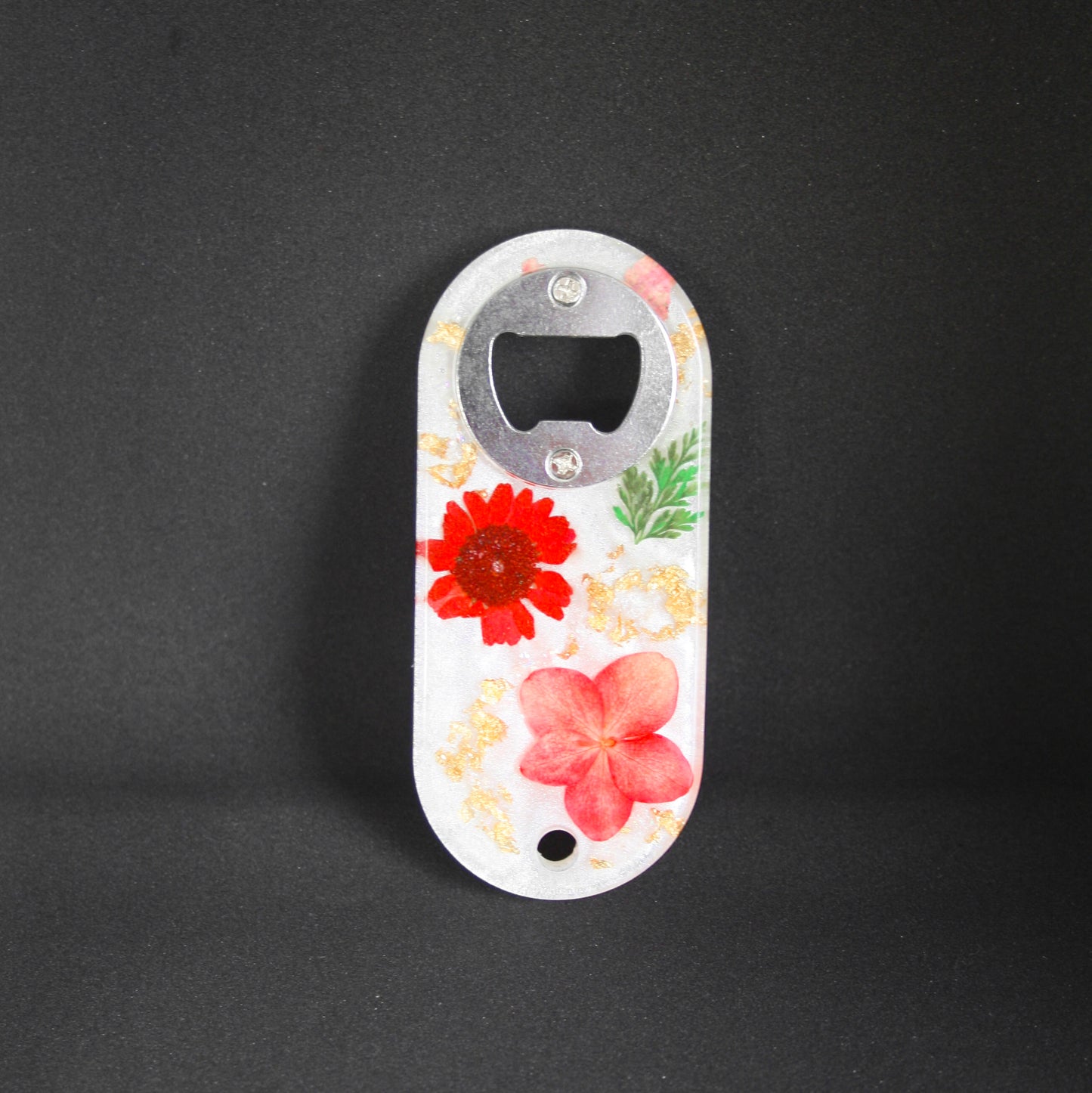 Décapsuleur bouteille fleurs séchées et feuilles d'or