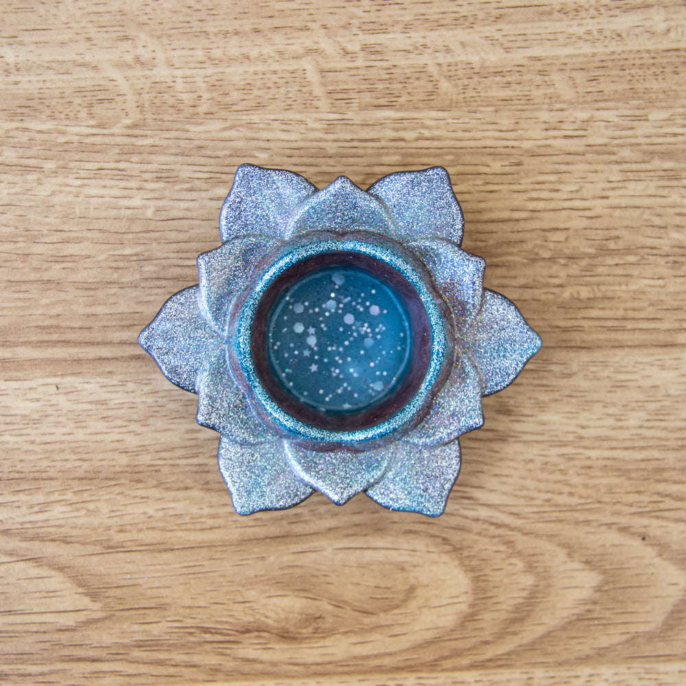 Bougeoir bleu nuance mauve paillettes argent