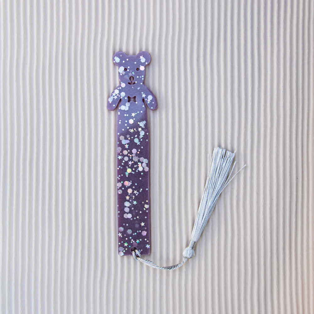 Marque-pages ourson violet à paillettes