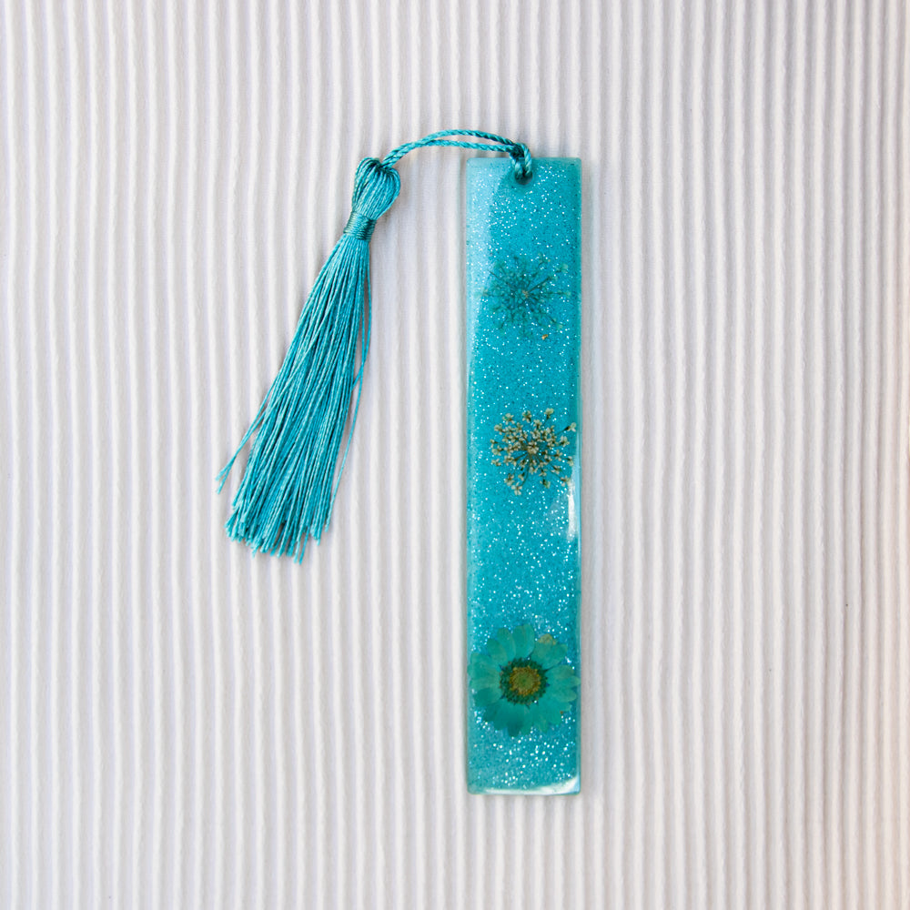 Marque-pages turquoise à fleurs et paillettes