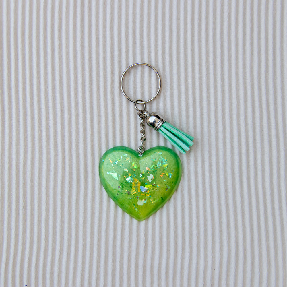 Porte clés cœur vert paillettes