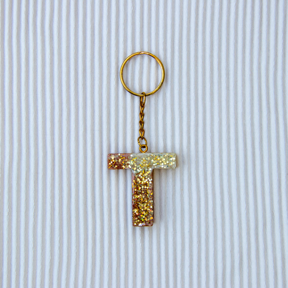Porte-clés lettre T marron crème paillettes