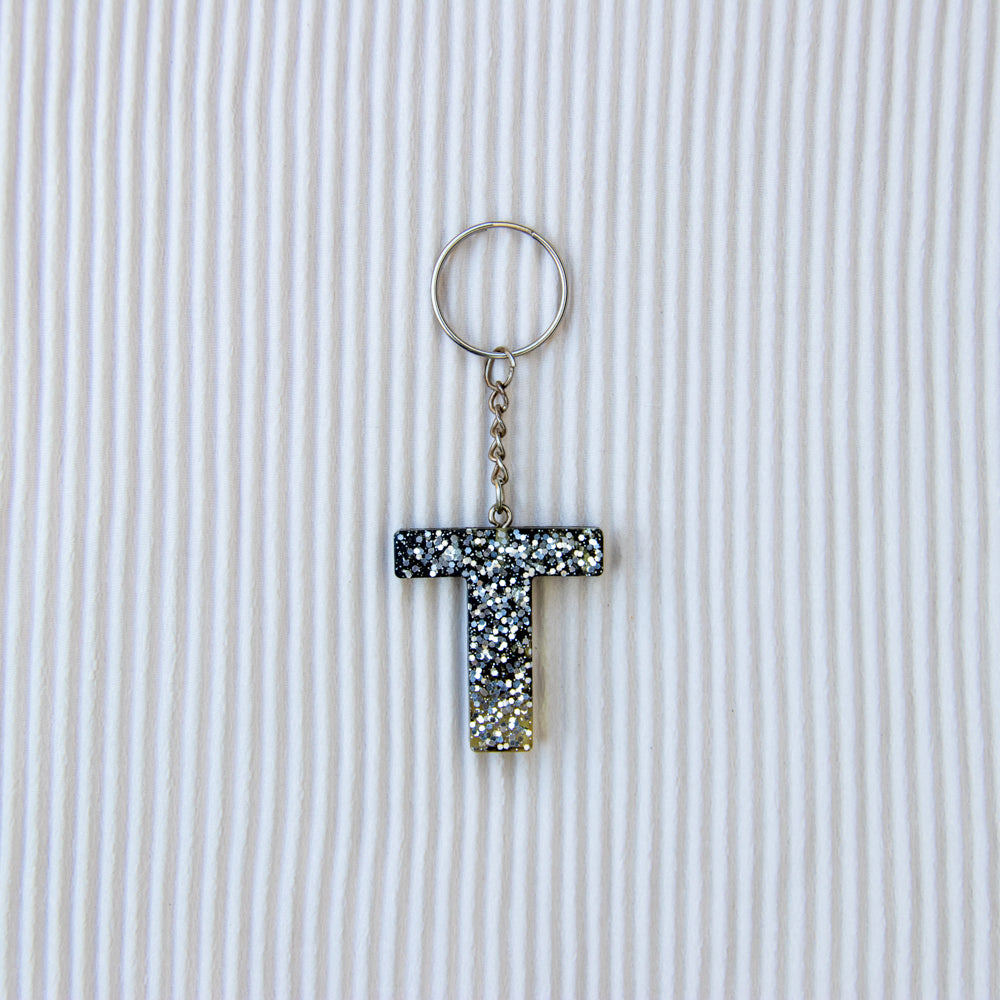 Porte-clés lettre T transparent noir paillettes