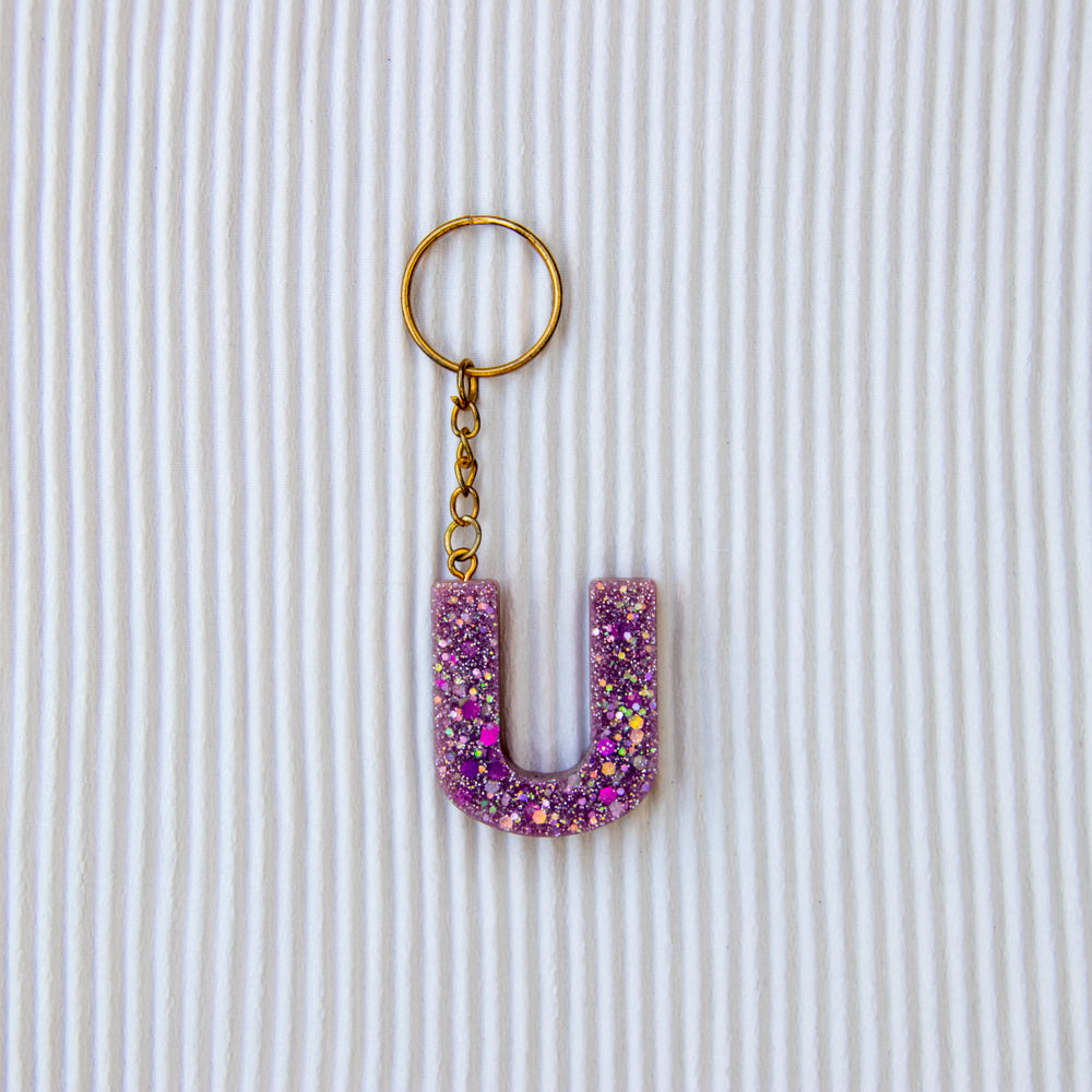 Porte-clés lettre U mauve paillettes