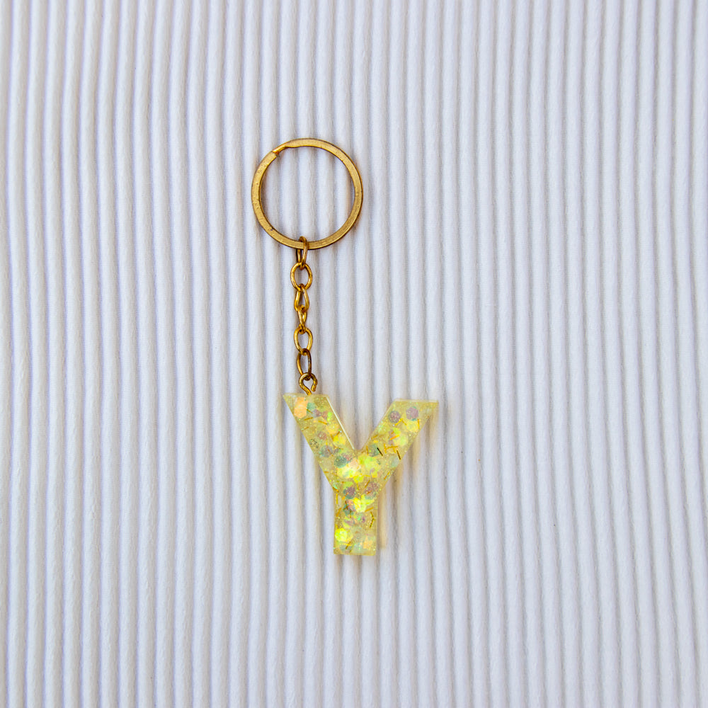 Porte-clés lettre Y translucide jaune paillettes