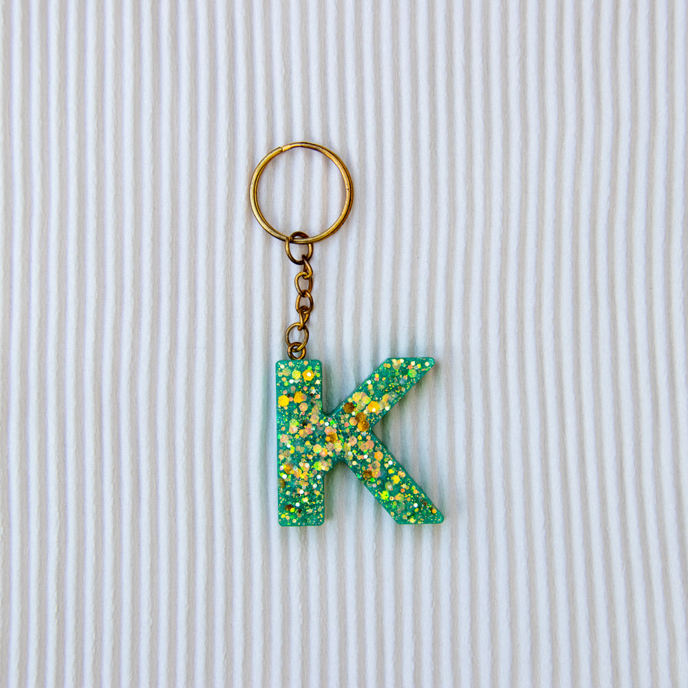 Porte-clés lettre K vert paillettes