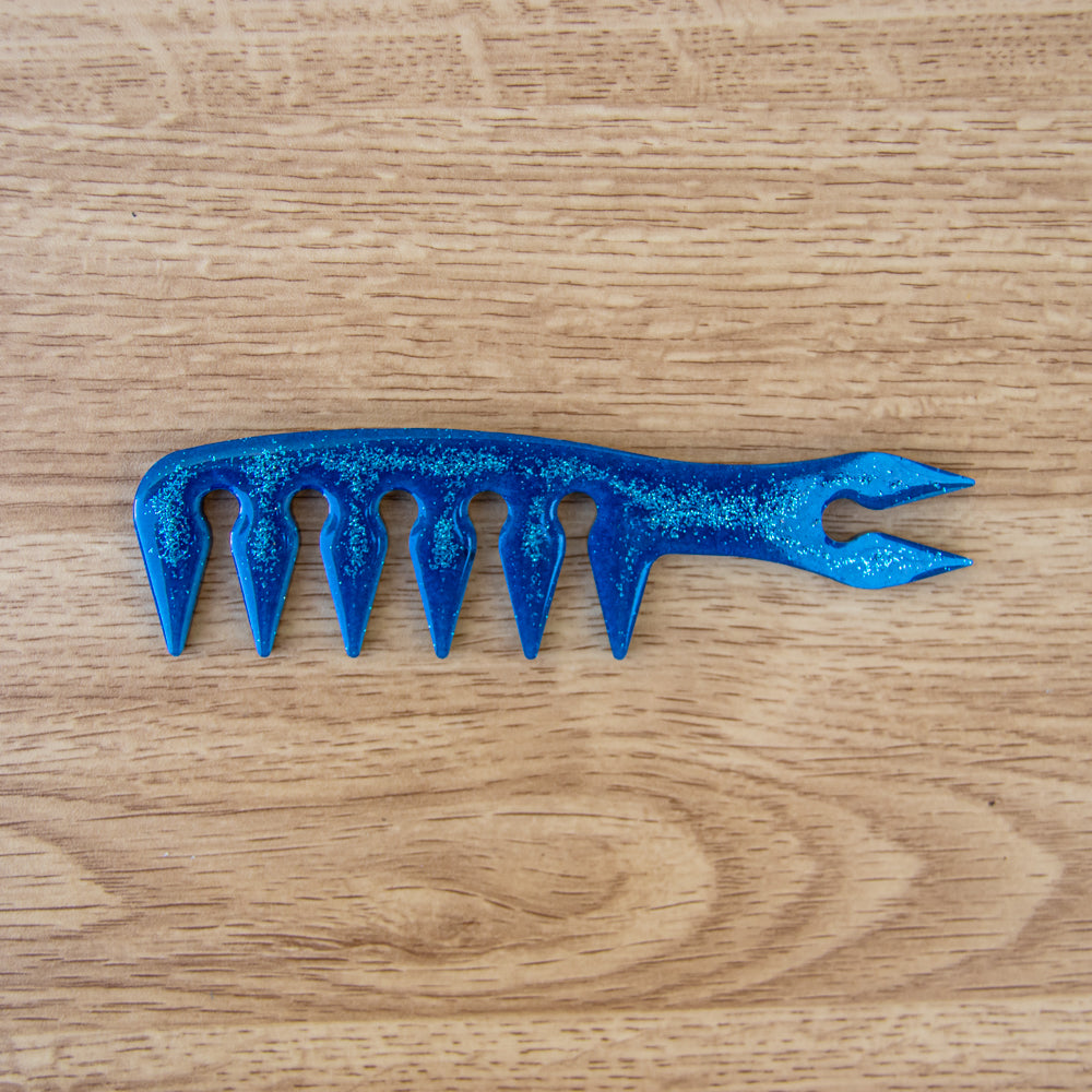 Peigne à cheveux grosses dents bleu paillettes