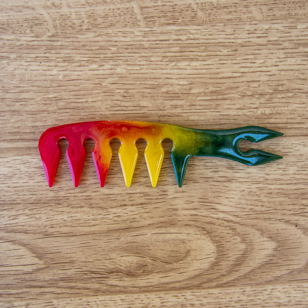 Peigne à cheveux grosses dents vert, jaune, rouge