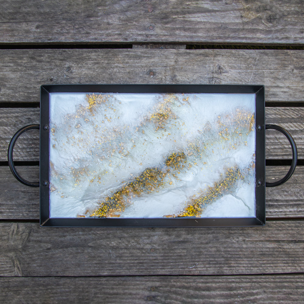 Plateau rectangle blanc marbré paillettes or avec poignées