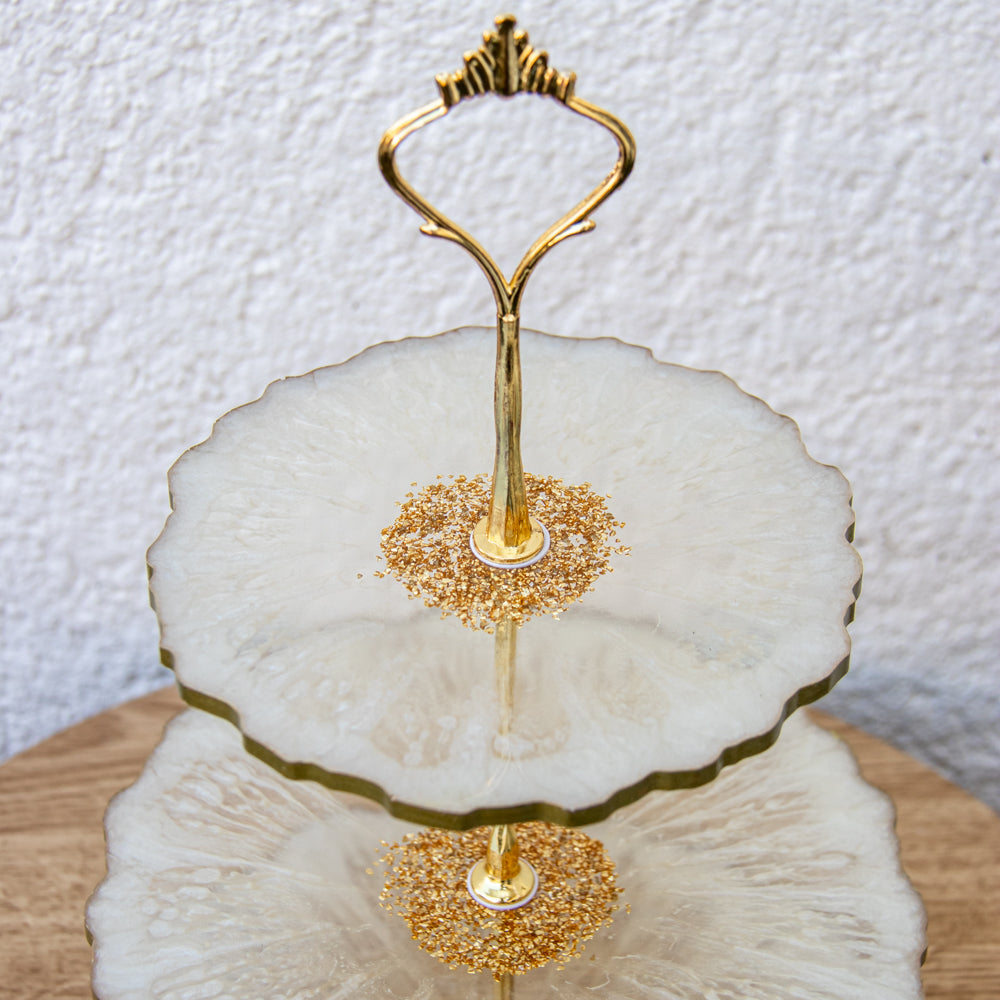 Plateau de service 3 étages blanc et or