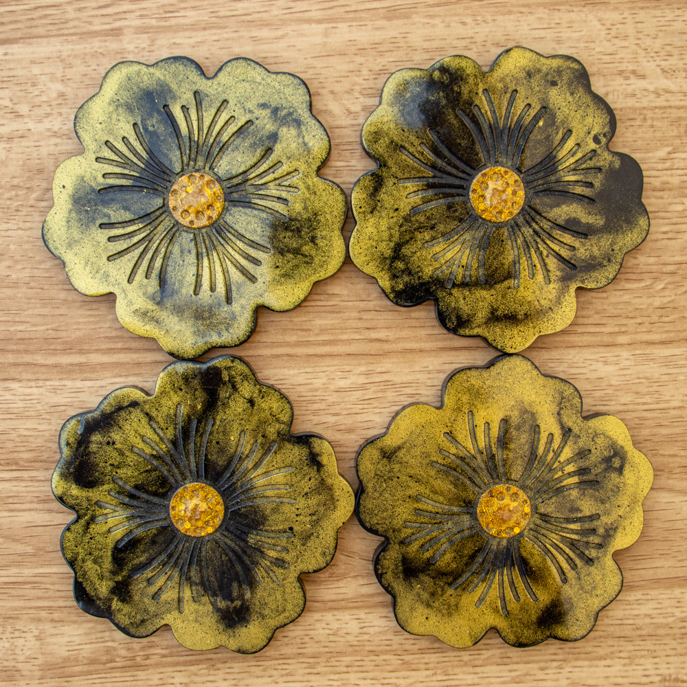 Dessous de verre motif fleurs / noir, or (lot de 4)
