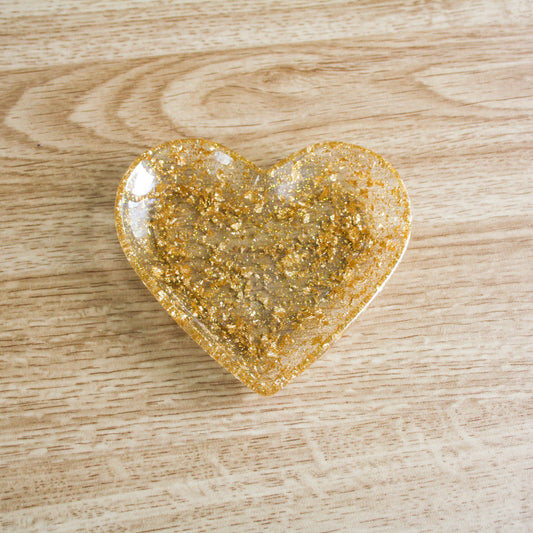 Vide-poche cœur transparent feuilles d'or