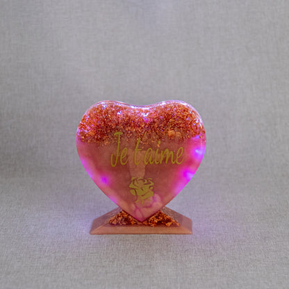 Veilleuse COEUR "Je t'aime" à LED rose et feuilles gold