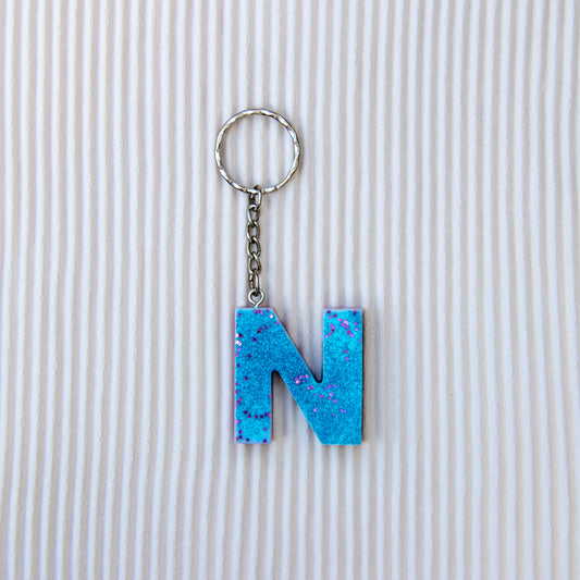 Porte-clés lettre N bleu rose paillettes