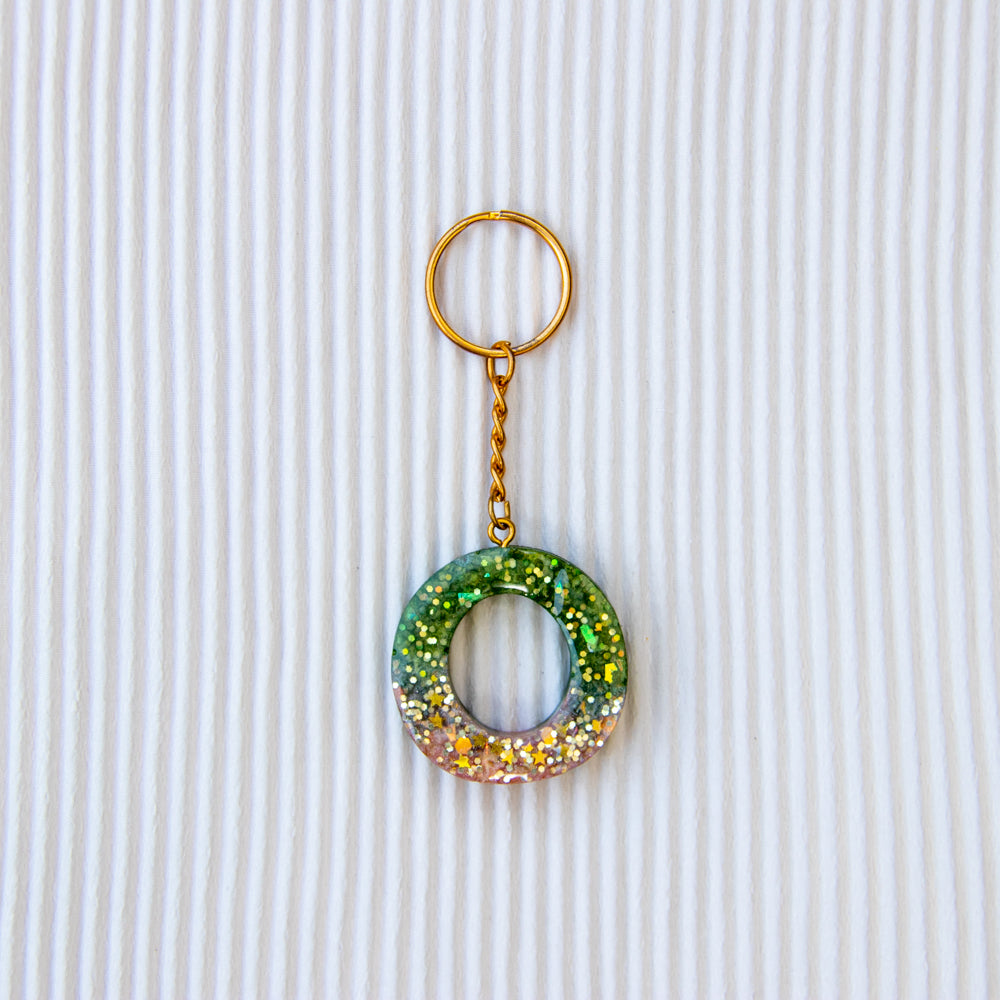 Porte-clés lettre O vert rose paillettes