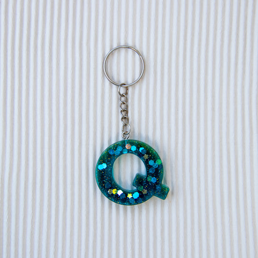 Porte-clés lettre Q bleu vert transparent paillettes