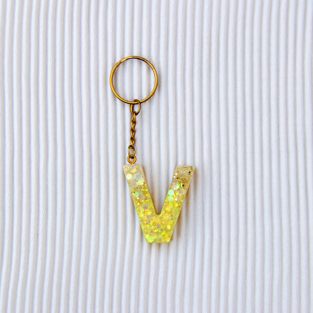 Porte-clés lettre V jaune paillettes