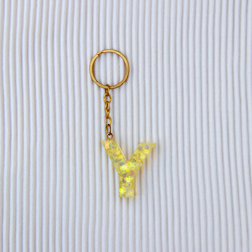 Porte-clés lettre Y translucide jaune paillettes