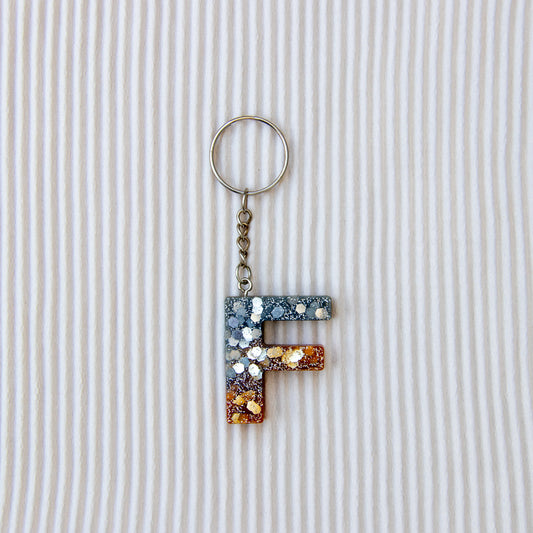 Porte-clés lettre F bleu marron paillettes