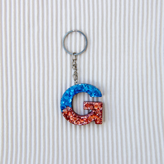 Porte-clés lettre G bleu marron paillettes
