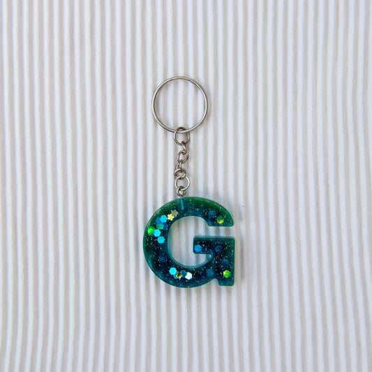 Porte-clés lettre G bleu transparent paillettes
