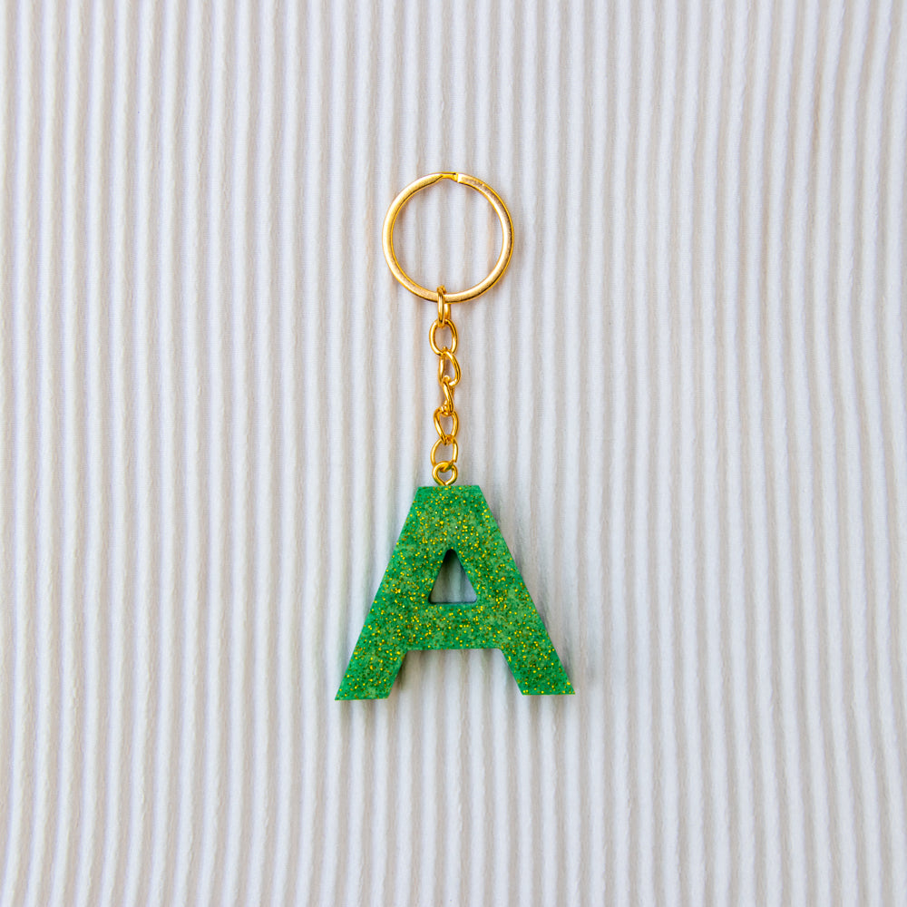 Porte-clés lettre A vert à paillettes