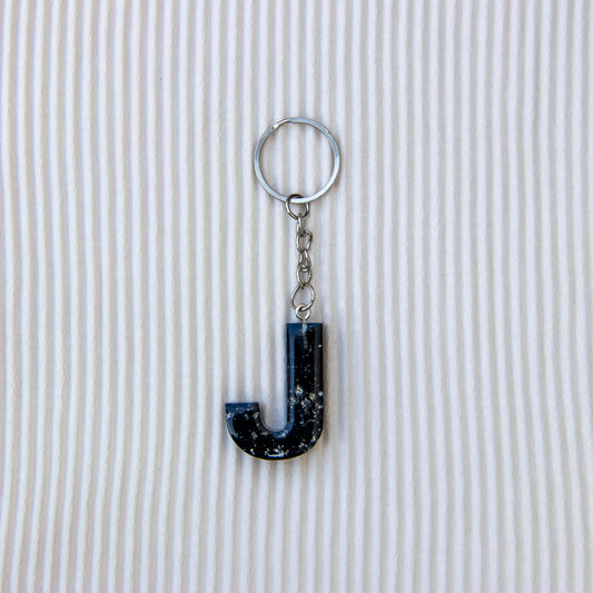 Porte-clés lettre J noir feuilles d'argent