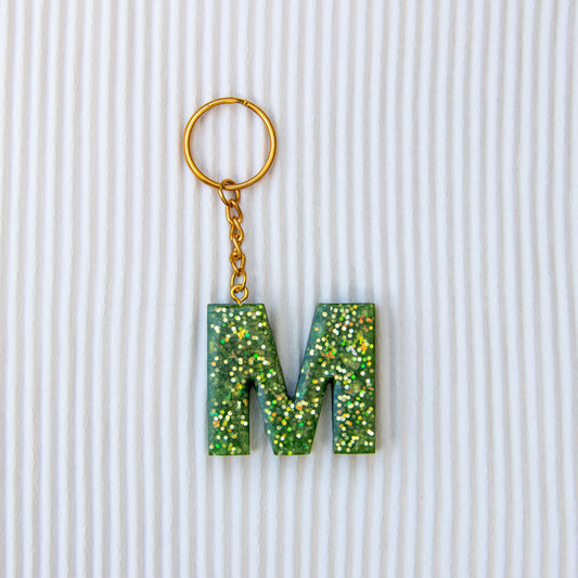 Porte-clés lettre M vert paillettes
