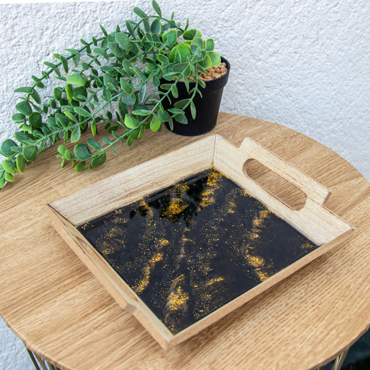 Plateau carré en bois, noir et paillettes or avec poignées
