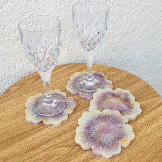 Dessous de verre motif fleurs / violet, blanc, or et paillettes (lot de 4)